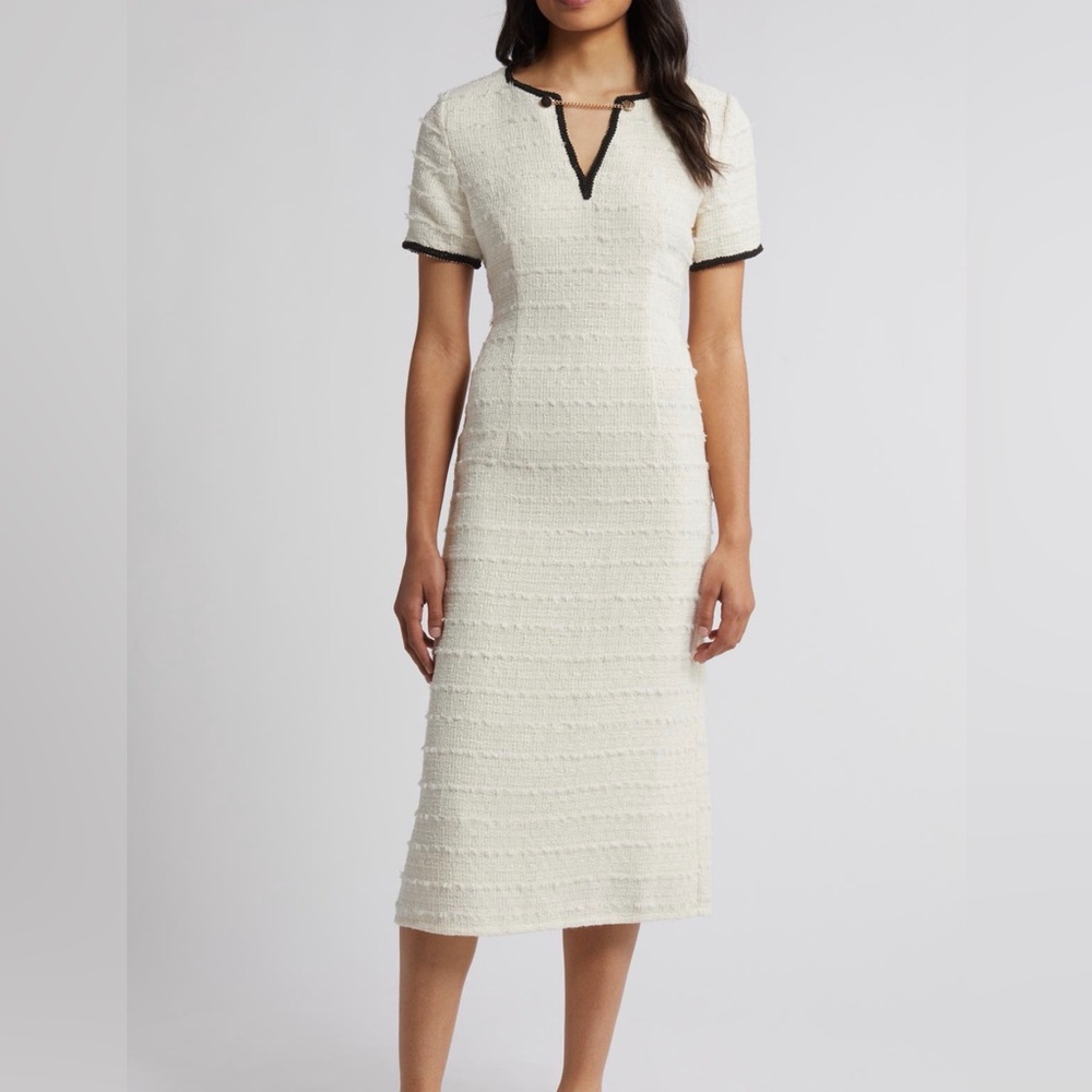 Cream Textured Midi Dress with Contrast Black Trim